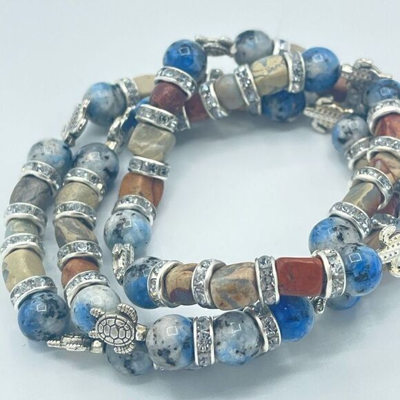 Sea Turtle K2 Picasso stone jasper crystal beaded stretch bracelet ONE NEW rhine - Picture 4 of 8
